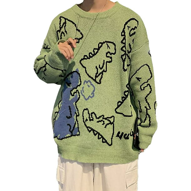 Men's Crew Neck Cartoon Kniting Sweaters Youth Casual Warm Pullover Loose